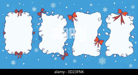 Coquette d'hiver cadres noir et blanc avec des arcs rouges et des flocons de neige décoratifs sur fond bleu. Collection fantaisiste à bordure festive dessinée à la main pour Illustration de Vecteur