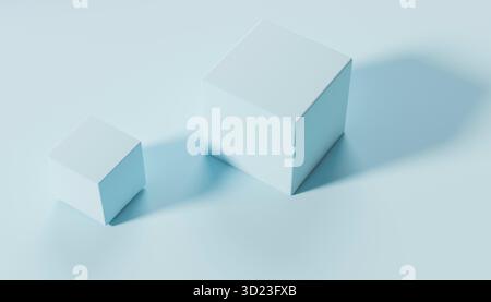 Deux cubes blancs projetant de longues ombres sur une surface bleu clair. Illustration, rendu Banque D'Images