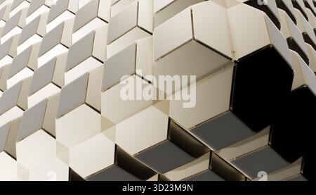 Motif géométrique abstrait avec cubes 3D imbriqués dans les tons de blanc, gris et noir. Illustration, rendu Banque D'Images