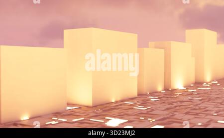 Bâtiments cubiques brillants dans un paysage urbain futuriste avec un ciel chaud et rose. Illustration, rendu Banque D'Images