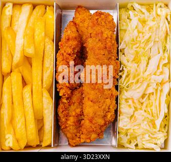 Repas de poulet frit avec coleslaw et frites dorées servi dans une boîte à emporter Banque D'Images