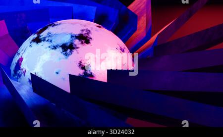 Globe abstrait entouré de formes géométriques avec un éclairage vibrant. Illustration, rendu Banque D'Images