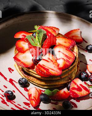 Délicieuse pile de crêpes garnie de fraises et de bleuets frais Banque D'Images