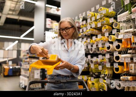 Magasiner pour des fournitures d'amélioration de la maison un week-end dans un magasin de détail moderne avec des allées organisées Banque D'Images