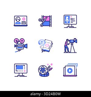 Création vidéo - jeu d'icônes de style de conception de ligne Illustration de Vecteur