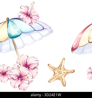 Fond d'écran de fond sans couture d'été vibrant avec parasols de plage, fleurs d'hibiscus et étoiles de mer dans un arrangement joyeux pour les vacances Illustration de Vecteur