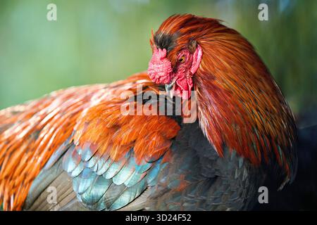 Beau portrait de coq avec des plumes vibrantes animaux de ferme volaille Banque D'Images