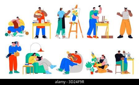 Collection de personnes pratiquant divers passe-temps créatifs dans un style plat dessiné à la main Illustration de Vecteur