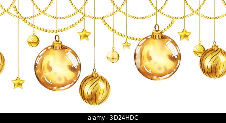 Illustration aquarelle de jouets d'arbre de Noël avec des boules d'or brillantes, guirlandes de perles de paillettes d'or, étoiles brillantes dorées, frontière sans couture avec Christ Banque D'Images
