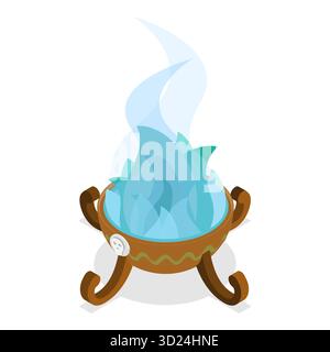 Ensemble plat isométrique 3D de chaudrons bouillants, faisant des potions magiques. Point 1 Banque D'Images