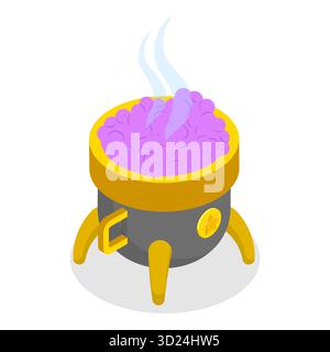 Ensemble plat isométrique 3D de chaudrons bouillants, faisant des potions magiques. Point 2 Banque D'Images