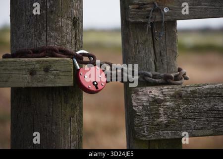 Cadenas rouge et chaîne sécurisant une porte en bois pour le concept de sécurité Banque D'Images