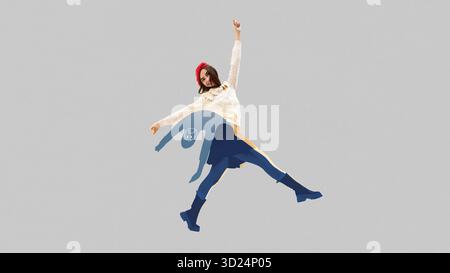 Collage abstrait étendu Femme heureuse sautant en avant avec une ombre triste laissant derrière elle symbolisant la liberté émotionnelle et l'auto-libération Banque D'Images