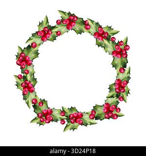 Couronne d'aquarelle avec branches de houx réalistes, baies rouges, feuilles vertes, symbole de Noël, croquis dessiné à la main de la partie verte de la plante avec des baies, w Banque D'Images