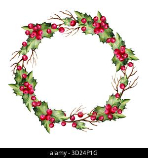 Aquarelle branches de houx réalistes, baies rouges, feuilles vertes, brindilles d'arbre brun, symbole de Noël, croquis dessiné à la main d'une partie de la plante, couronne, ronde Banque D'Images