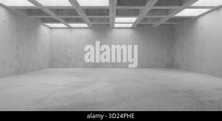 Abstrait vide, salle en béton moderne avec plafonniers cubiques encadrés et sol brut - modèle de fond intérieur industriel, illustration 3D. Banque D'Images