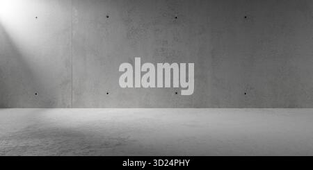 Abstrait vide, salle en béton moderne avec projecteur ou puits de lumière du soleil sur le mur arrière et le sol rugueux - modèle de fond intérieur industriel, 3D. Banque D'Images