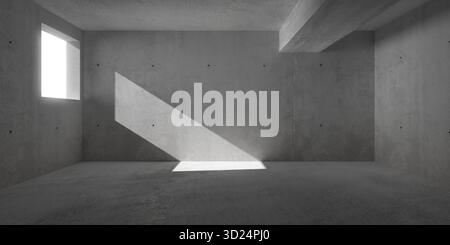 Abstrait vide, salle en béton moderne avec petite ouverture de fenêtre sur la gauche, ombre de la lumière du soleil et sol rugueux - modèle de fond intérieur industriel, Banque D'Images