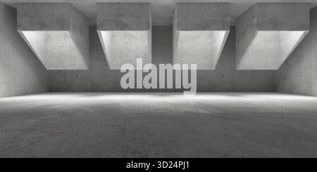 Abstrait vide, salle en béton moderne avec rangée de cellules lumineuses et sol brut - modèle de fond intérieur industriel, illustration 3D. Banque D'Images