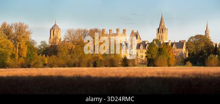 Vue panoramique sur les monuments d'Oxford depuis Christ Church College Meadows par une belle matinée d'automne. Il y a tellement de grands monuments d'Oxford dans cette photo, y compris - de gauche à droite - Tom Tower, Christ Church College et la cathédrale, All Saints et St Mary's Church, Merton Chapel et (en partie caché) le dôme de Radcliffe Camera. Banque D'Images