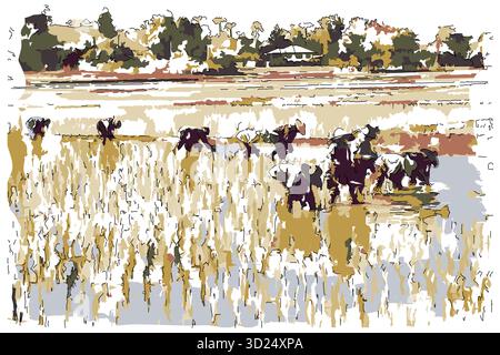 Peinture impressionniste de style croquis,Groupe d'agriculteurs plantant du riz dans le rizier,image vectorielle d'illustration numérique Illustration de Vecteur