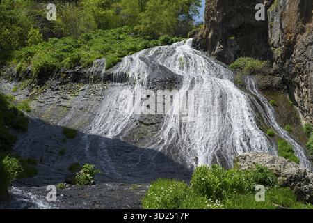 Une cascade claire coule sur des rochers entourés de plantes vertes luxuriantes dans une nature ensoleillée, Jermuk Waterfall, Vayots Dzor Province, Vayots Dzor, Arménie Banque D'Images