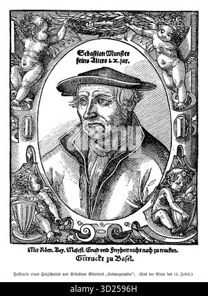 Reproduction d’un frontispice gravé sur bois de la Cosmographia de Sebastian Münster, au milieu du XVIe siècle, montrant l’auteur entouré de chérubins ludiques, symbolisant la connaissance et la curiosité. Banque D'Images