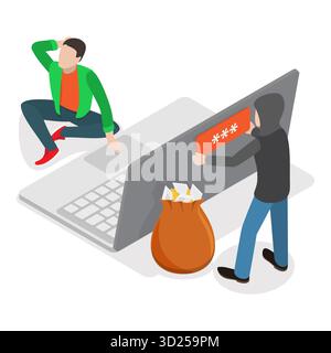 Ensemble plat isométrique 3D de scènes d'escroquerie, fraude sur Internet. Point 2 Banque D'Images