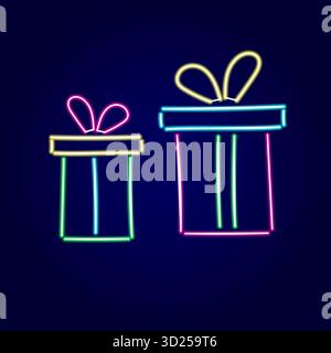 Boîte cadeau vecteur néon. Cadeau coloré. Fond bleu. Banque D'Images