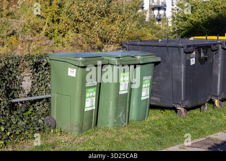 Poznan, Pologne - 24 septembre 2025 : les bacs de recyclage REMONDIS verts spécialement conçus pour le verre se tiennent sur l'herbe ensoleillée, encourageant le tri responsable des déchets Banque D'Images