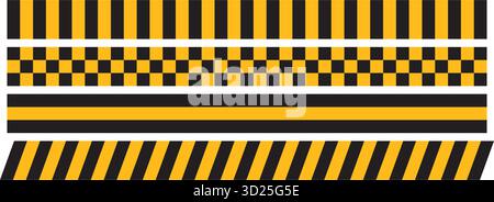 Ensemble de modèles de rubans de taxi, de police ou de mise en garde isolés sur fond blanc. Textures à carreaux et rayures noires et jaunes. Avertissement, Prohobated ou Illustration de Vecteur