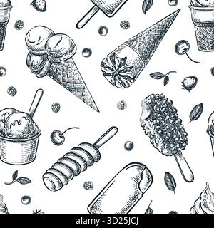 Modèle sans couture de crème glacée. Illustration d'esquisse dessinée à la main de vecteur de casse-croûte de dessert de cône de crème glacée. Conception pour l'impression d'été, emballage alimentaire, emballage Illustration de Vecteur
