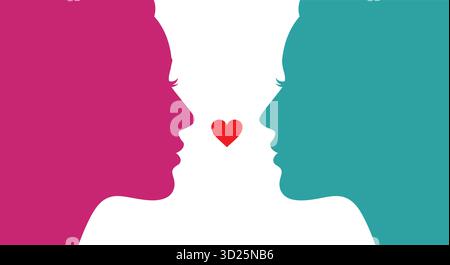 Deux profils de visage colorés face à face avec un cœur rouge au milieu Illustration de Vecteur
