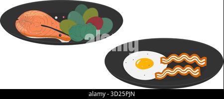 Steak de saumon avec des verts et oeuf frit avec des bandes de bacon autocollant icône minimaliste Flat Design Set. Illustration vectorielle isolée cartes de menu de recettes d'aliments sains bannière, dépliants, étiquettes, prix, affiche Illustration de Vecteur