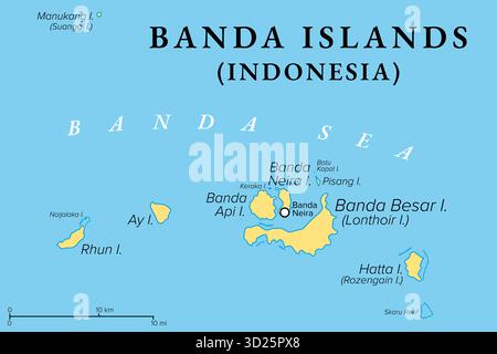 Îles Banda, partie des îles Maluku, Indonésie, carte politique. Groupe de dix îles volcaniques dans la mer de Banda. Banque D'Images