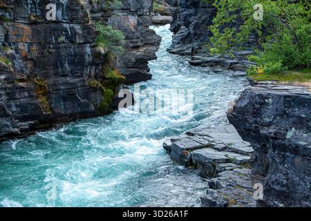 L'eau turquoise de la belle rivière Abisko, Abiskojokk, coule entre les rochers du canyon Abisko, Suède, Europe du Nord Banque D'Images
