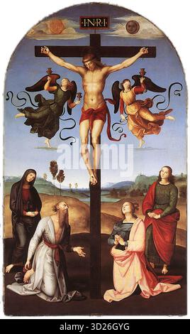 Le Mond ou Gavari Crucifixion est une peinture à l'huile sur panneau (279 × 166 cm) de Raphael Sanzio, datée de 1502–1503 et conservée à la National Gallery de Londres. Deux panneaux de predella sont situés respectivement dans le Musée National d'Art ancien de Lisbonne et dans une collection privée. L’œuvre est signée à la base de la croix : « RAPHAEL URBINAS P.[inxit] ». Banque D'Images
