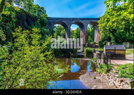 Une vue des reflets dans la rivière Goyt au Torrs Riverside Park dans la ville de New Mills, High Peak au Royaume-Uni en été Banque D'Images