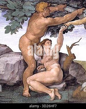 Chapelle Sixtine, fresque Michel-Ange, données 1509 - fruit défendu Adam et Eve Banque D'Images