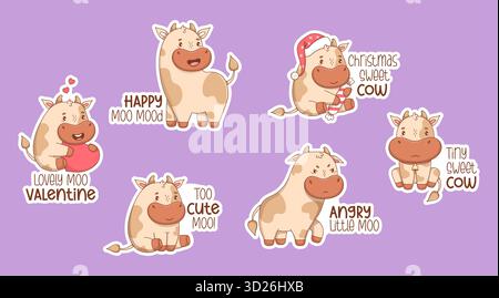 Autocollants mignons Little Cow. Drôle de taureau Kawaii avec des slogans cool. Bétail isolé animal de Noël à Santa Hat, avec le cœur, heureux et triste. Vecteur Illustration de Vecteur