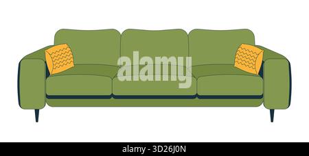 Canapé vert olive avec coussins objet de dessin animé 2D. Illustration de Vecteur