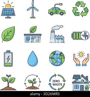 Écologie et environnement ensemble d'icônes vectorielles : énergie renouvelable, mode de vie durable, technologie verte et recyclage Illustration de Vecteur