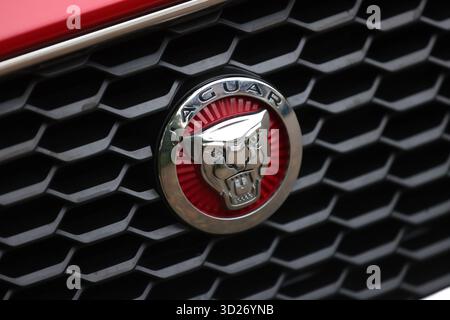 Vues générales d'un écusson du logo Jaguar car à Londres, au Royaume-Uni. Banque D'Images