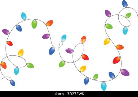 Lumières de Noël colorées isolées sur fond blanc. Décoration de chaîne de lumières de Noël colorées festives sur blanc. Graphique vectoriel pour voiture de Noël Illustration de Vecteur