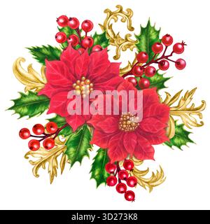 Poinsettia rouge. Bouquet de Noël luxueux avec décor doré vintage. L'aquarelle rouge et verte riche ajoute de la chaleur et de la fraîcheur. Fleurs, baies dorées, Banque D'Images