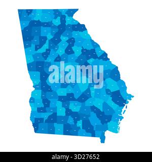 Géorgie, GA - carte politique détaillée de l'état américain. Carte administrative divisée en comtés. Carte bleue avec étiquettes de nom de comté. Illustration vectorielle Illustration de Vecteur