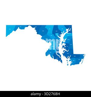 Maryland, MD - carte politique détaillée de l'état américain. Carte administrative divisée en comtés. Carte bleue avec étiquettes de nom de comté. Illustration vectorielle Illustration de Vecteur
