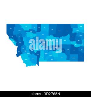 Montana, MT - carte politique détaillée de l'état américain. Carte administrative divisée en comtés. Carte bleue avec étiquettes de nom de comté. Illustration vectorielle Illustration de Vecteur