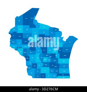 Wisconsin, WI - carte politique détaillée de l'état américain. Carte administrative divisée en comtés. Carte bleue avec étiquettes de nom de comté. Illustration vectorielle Illustration de Vecteur