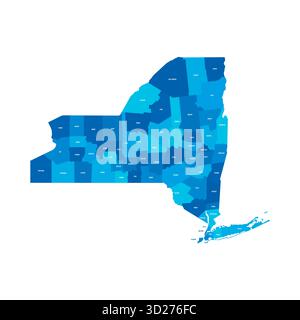 New York, NY - carte politique détaillée de l'état américain. Carte administrative divisée en comtés. Carte bleue avec étiquettes de nom de comté. Illustration vectorielle Illustration de Vecteur